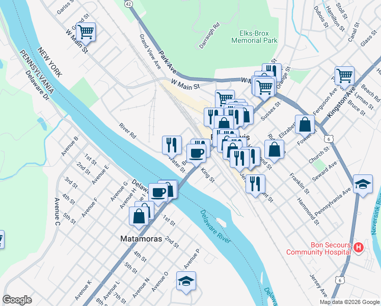 map of restaurants, bars, coffee shops, grocery stores, and more near 26 Brown Street in Port Jervis