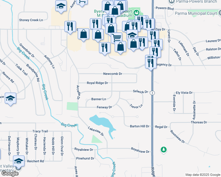 map of restaurants, bars, coffee shops, grocery stores, and more near 8175 Royal Ridge Drive in Parma