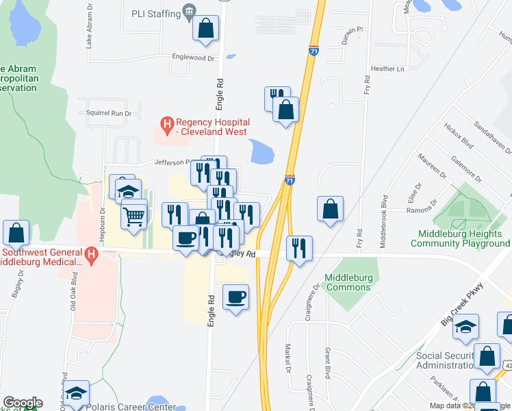 map of restaurants, bars, coffee shops, grocery stores, and more near 17500 Rosbough Boulevard in Middleburg Heights