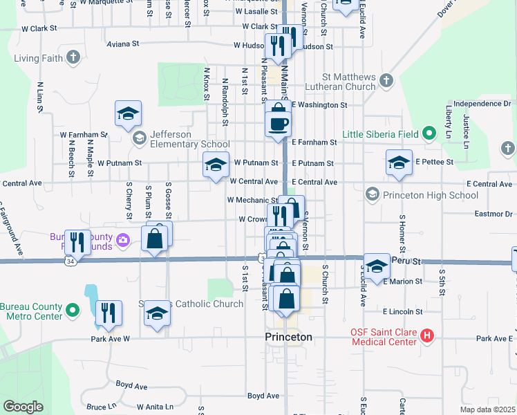 map of restaurants, bars, coffee shops, grocery stores, and more near in Princeton