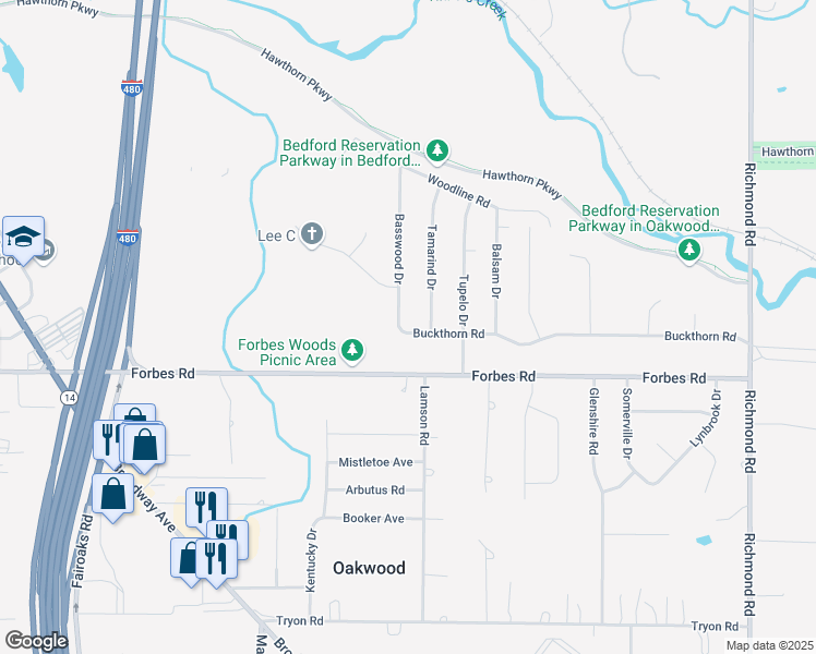 map of restaurants, bars, coffee shops, grocery stores, and more near 6735 Basswood Drive in Bedford Heights