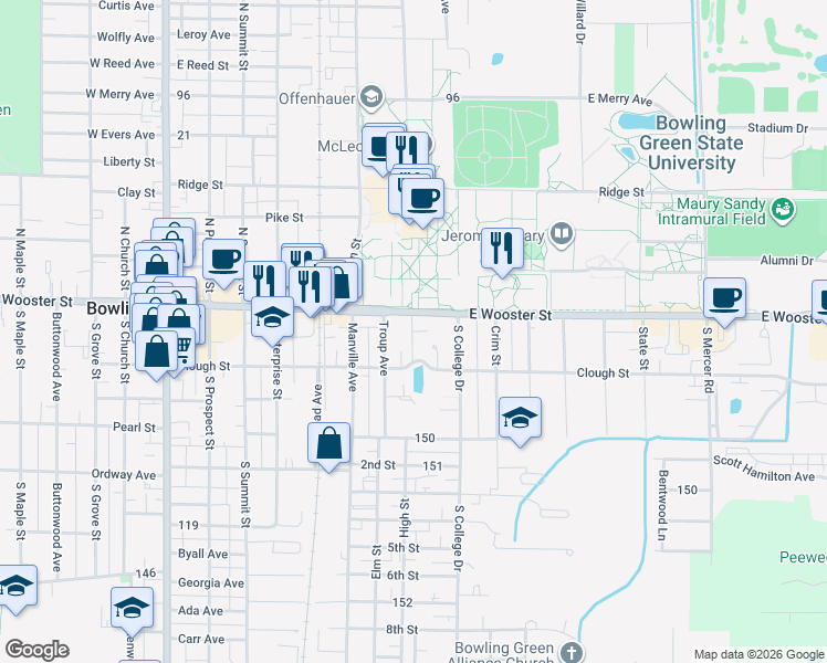 map of restaurants, bars, coffee shops, grocery stores, and more near 708 West Wooster Street in Bowling Green