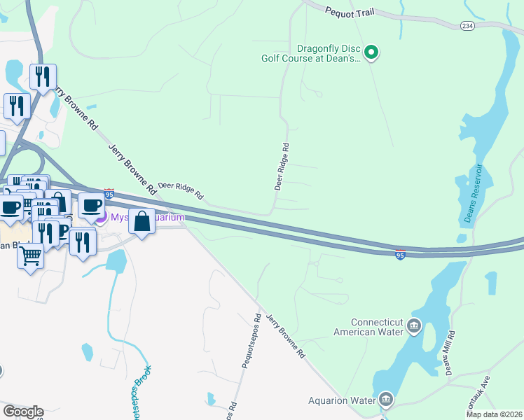 map of restaurants, bars, coffee shops, grocery stores, and more near 46 Deer Ridge Road in Stonington