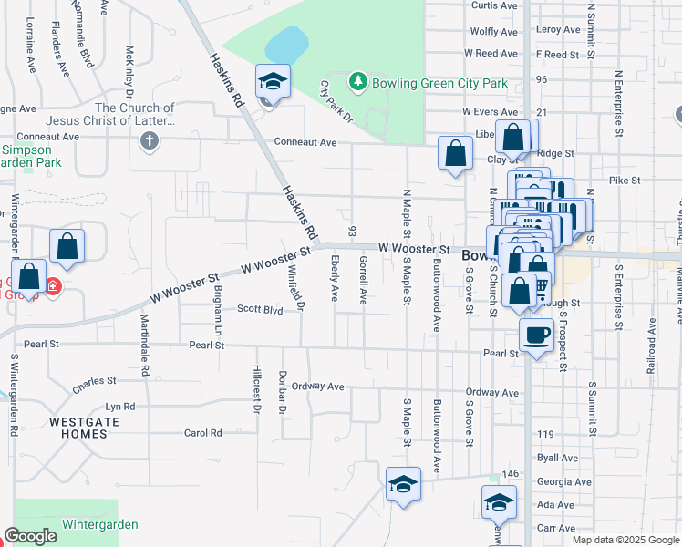 map of restaurants, bars, coffee shops, grocery stores, and more near 133 Eberly Avenue in Bowling Green