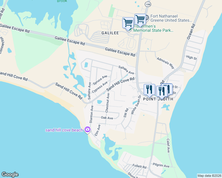 map of restaurants, bars, coffee shops, grocery stores, and more near 41 Chestnut Avenue in Narragansett