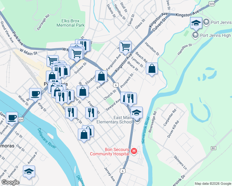 map of restaurants, bars, coffee shops, grocery stores, and more near 56-58 Church Street in Port Jervis