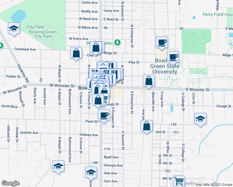 map of restaurants, bars, coffee shops, grocery stores, and more near 176 East Wooster Street in Bowling Green