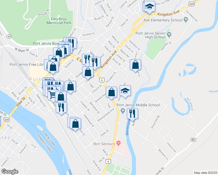 map of restaurants, bars, coffee shops, grocery stores, and more near 82 East Main Street in Port Jervis