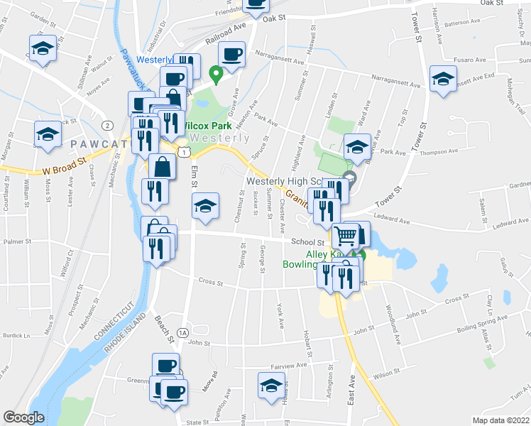 map of restaurants, bars, coffee shops, grocery stores, and more near 18 Summer Street in Westerly