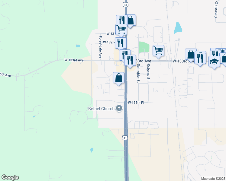 map of restaurants, bars, coffee shops, grocery stores, and more near 11504 W 134th Ct in Cedar Lake