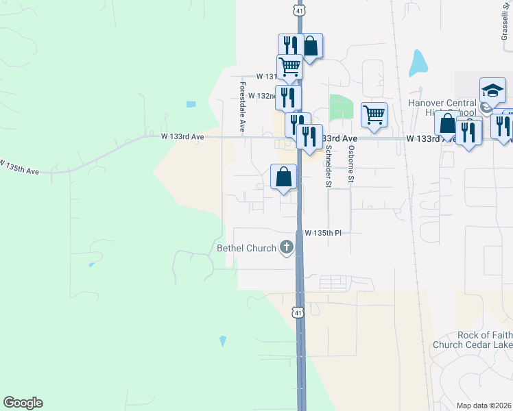 map of restaurants, bars, coffee shops, grocery stores, and more near 11504 W 134th Ct in Cedar Lake