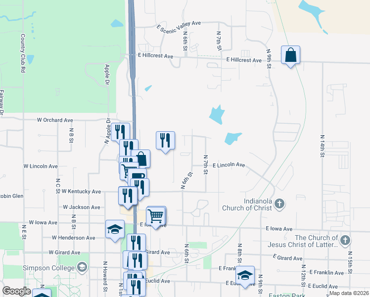 map of restaurants, bars, coffee shops, grocery stores, and more near 1315 North 6th Street in Indianola