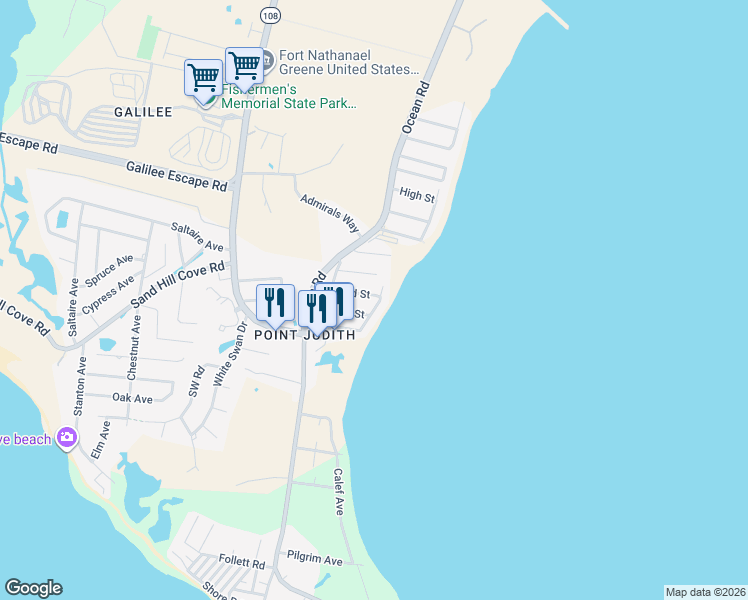 map of restaurants, bars, coffee shops, grocery stores, and more near 31 Ocean Spray Avenue in Narragansett