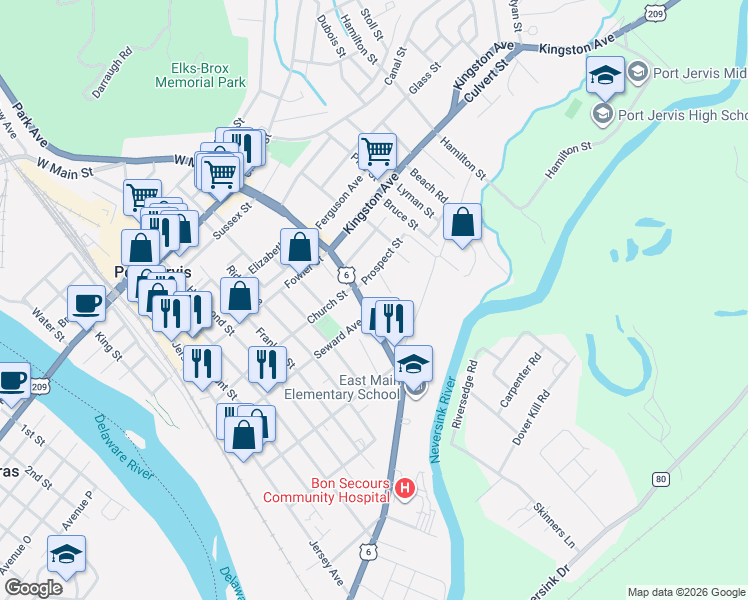 map of restaurants, bars, coffee shops, grocery stores, and more near 78 East Main Street in Port Jervis
