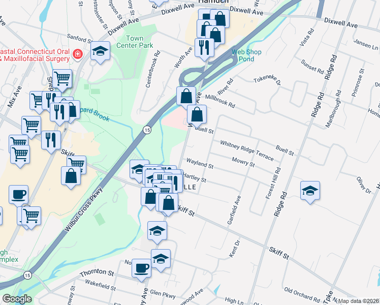 map of restaurants, bars, coffee shops, grocery stores, and more near 2099 Whitney Avenue in North Haven