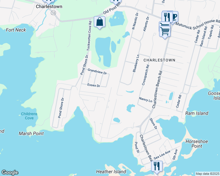 map of restaurants, bars, coffee shops, grocery stores, and more near 253 North Niantic Drive in Charlestown