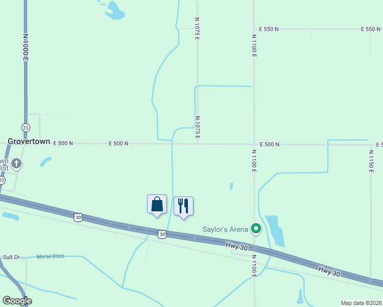 map of restaurants, bars, coffee shops, grocery stores, and more near 10745 East 500 North in Grovertown