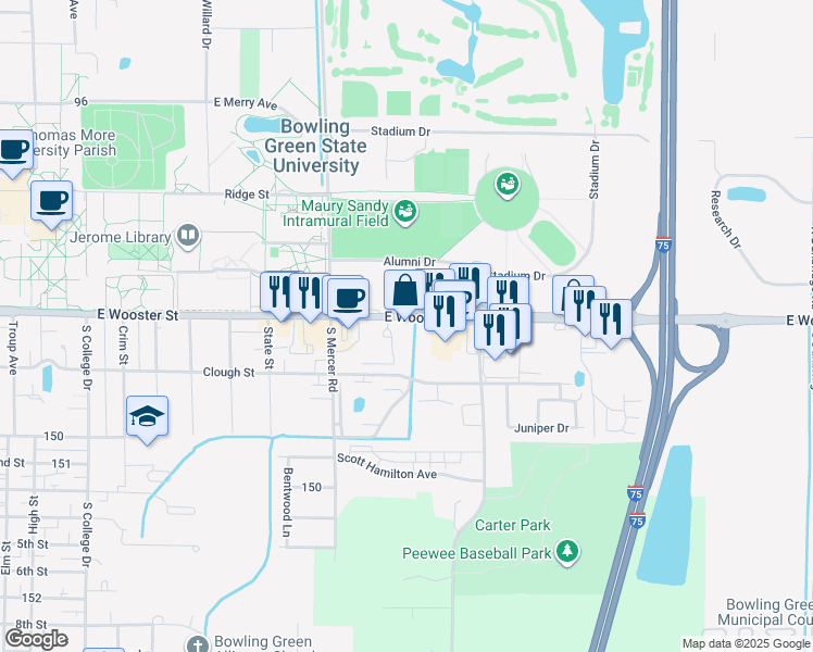 map of restaurants, bars, coffee shops, grocery stores, and more near 1530 East Wooster Street in Bowling Green