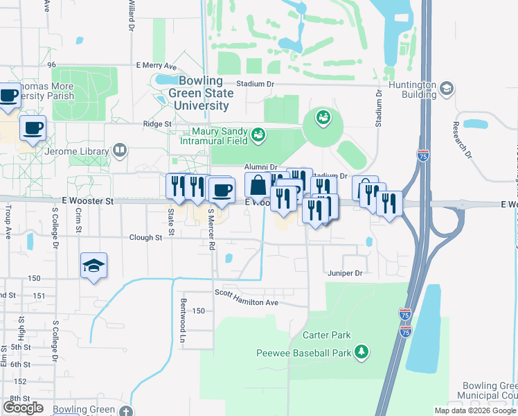 map of restaurants, bars, coffee shops, grocery stores, and more near 1530 East Wooster Street in Bowling Green