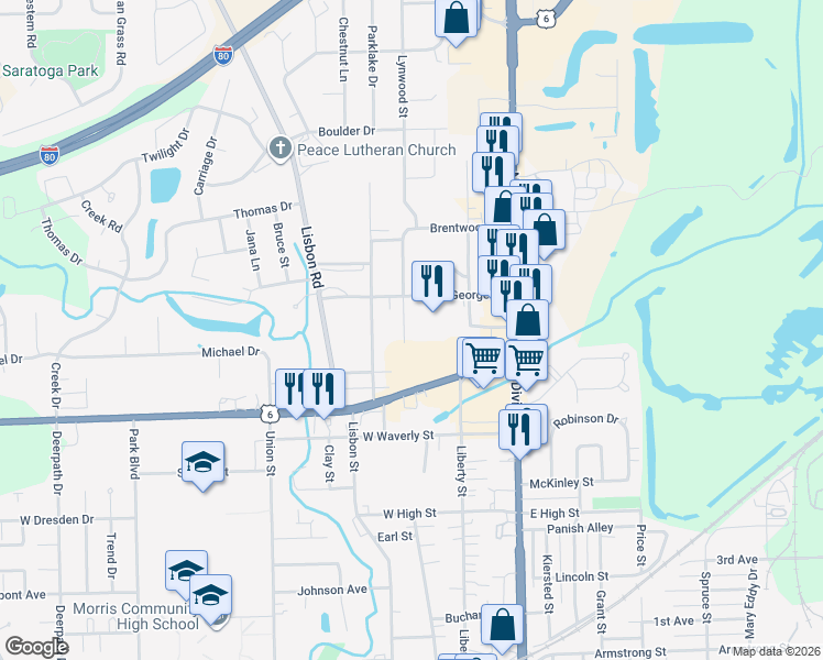 map of restaurants, bars, coffee shops, grocery stores, and more near 18 Lynwood Drive in Morris