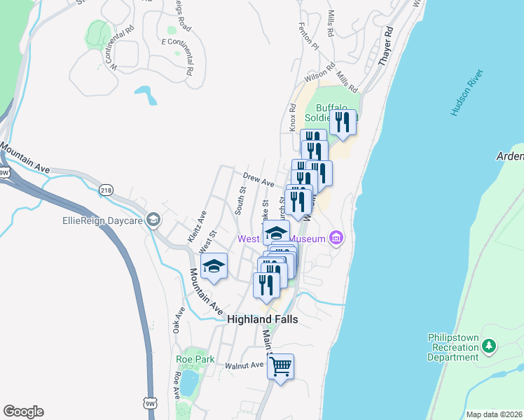 map of restaurants, bars, coffee shops, grocery stores, and more near 22 Fort Putnam Street in Highland Falls
