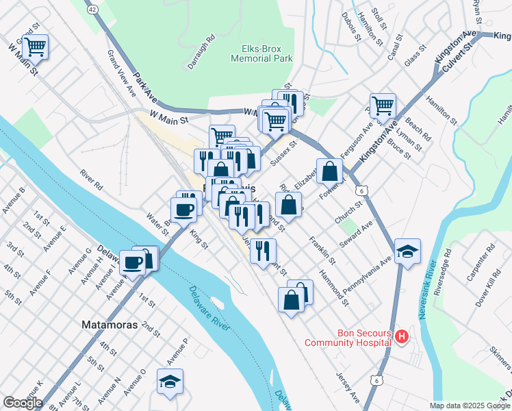 map of restaurants, bars, coffee shops, grocery stores, and more near 31 Hammond Street in Port Jervis