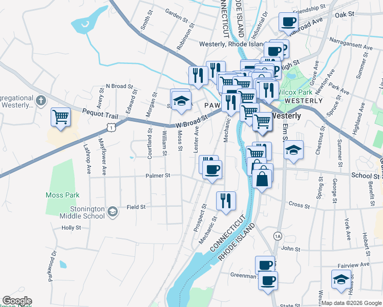 map of restaurants, bars, coffee shops, grocery stores, and more near 19 Lester Avenue in Stonington