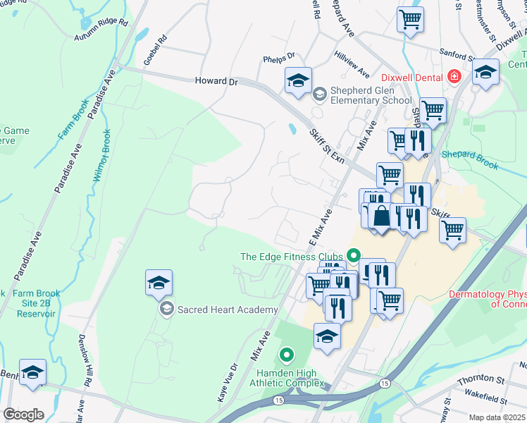 map of restaurants, bars, coffee shops, grocery stores, and more near 93 East Gate Lane in Hamden