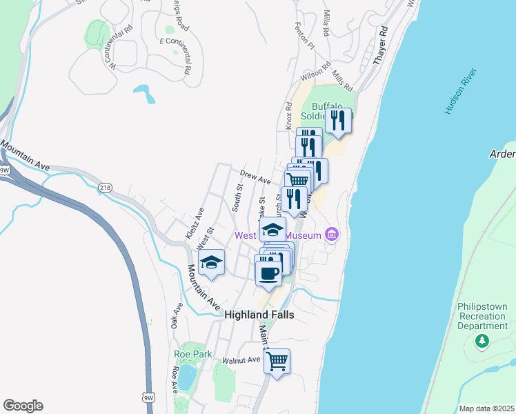 map of restaurants, bars, coffee shops, grocery stores, and more near 22 Fort Putnam Street in Highland Falls