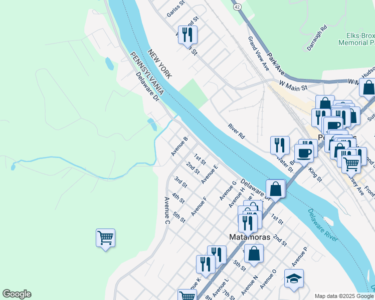 map of restaurants, bars, coffee shops, grocery stores, and more near 102 Avenue B in Matamoras