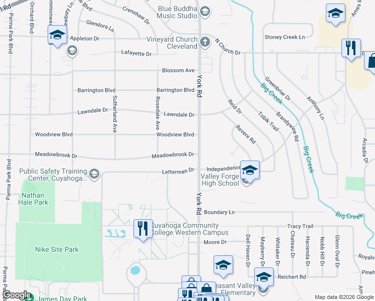 map of restaurants, bars, coffee shops, grocery stores, and more near 6968 York Road in Parma Heights