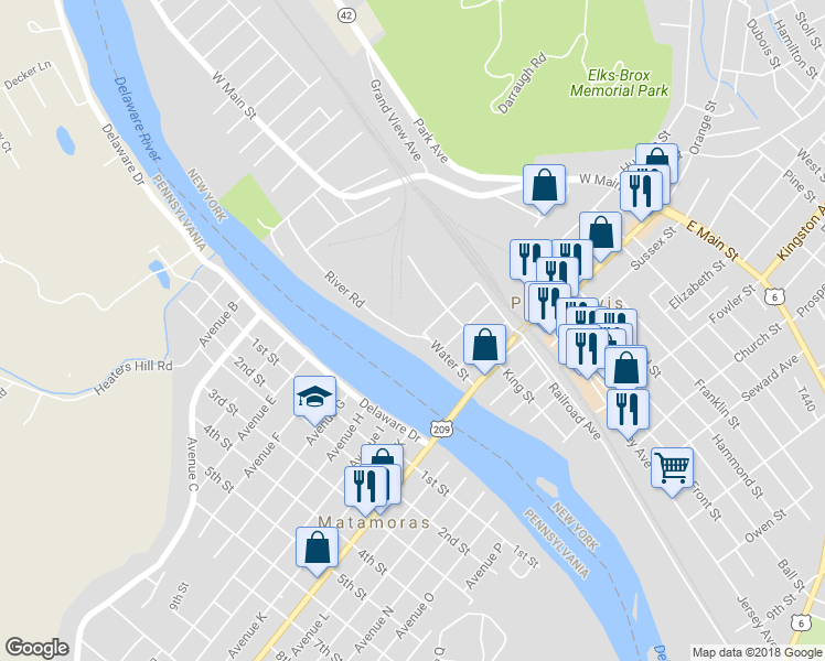 map of restaurants, bars, coffee shops, grocery stores, and more near 4 Lumber Street in Port Jervis