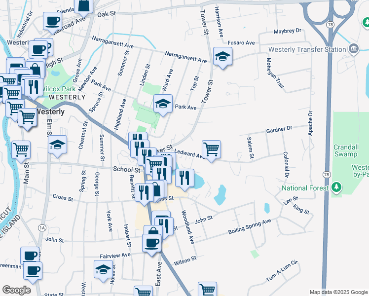 map of restaurants, bars, coffee shops, grocery stores, and more near 12 Ledward Ave in Westerly