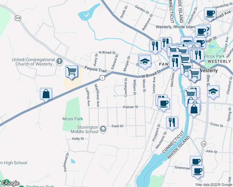 map of restaurants, bars, coffee shops, grocery stores, and more near 50 Sisk Drive in Stonington