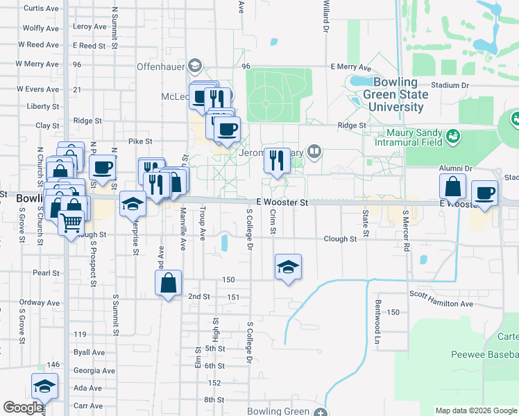 map of restaurants, bars, coffee shops, grocery stores, and more near 914 East Wooster Street in Bowling Green