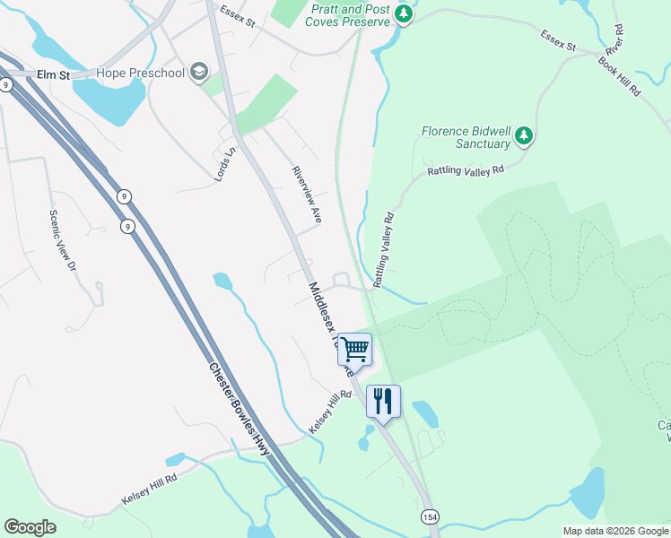 map of restaurants, bars, coffee shops, grocery stores, and more near 7 Cloverdale Circle in Deep River