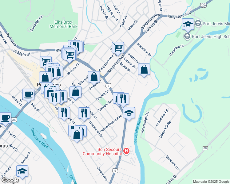 map of restaurants, bars, coffee shops, grocery stores, and more near 78 East Main Street in Port Jervis