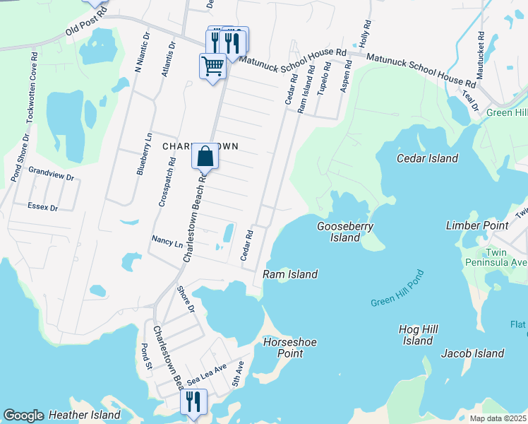 map of restaurants, bars, coffee shops, grocery stores, and more near 196 Cedar Road in Charlestown