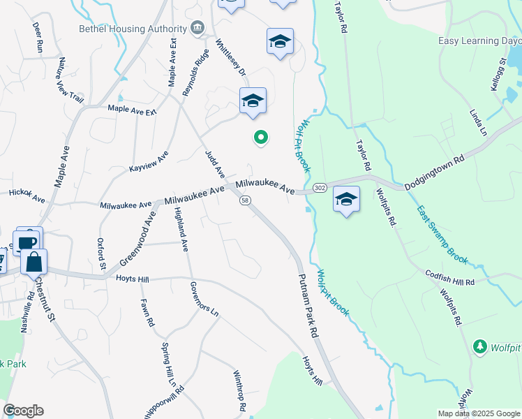 map of restaurants, bars, coffee shops, grocery stores, and more near 15 Putnam Park Road in Bethel