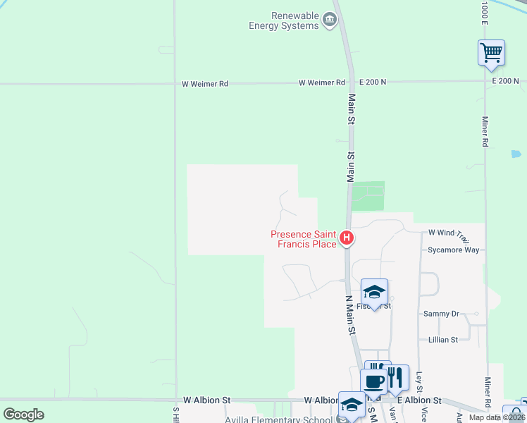 map of restaurants, bars, coffee shops, grocery stores, and more near 515 North Main Street in Avilla