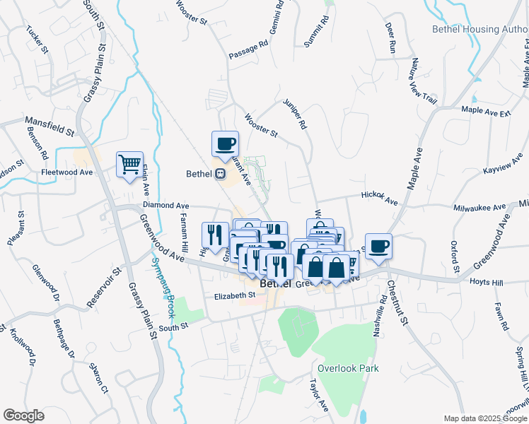 map of restaurants, bars, coffee shops, grocery stores, and more near 6 Durant Avenue in Bethel