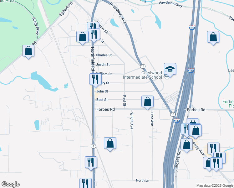 map of restaurants, bars, coffee shops, grocery stores, and more near 100 John Street in Bedford