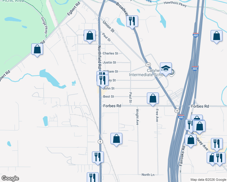 map of restaurants, bars, coffee shops, grocery stores, and more near 54 John St in Bedford
