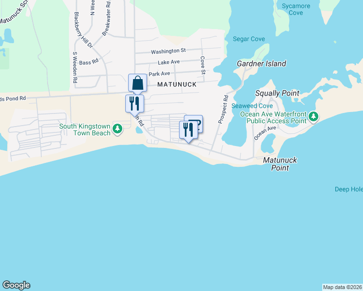 map of restaurants, bars, coffee shops, grocery stores, and more near 883 Matunuck Beach Road in South Kingstown