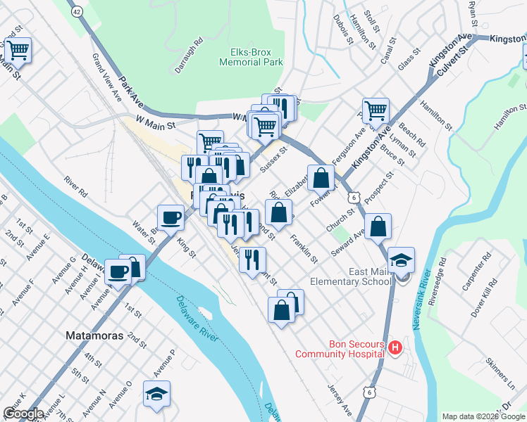 map of restaurants, bars, coffee shops, grocery stores, and more near 12 Franklin Street in Port Jervis