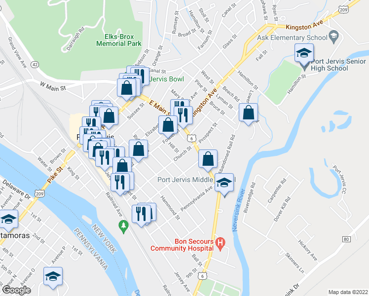 map of restaurants, bars, coffee shops, grocery stores, and more near 56-58 Church Street in Port Jervis