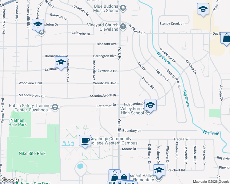map of restaurants, bars, coffee shops, grocery stores, and more near 6968 York Road in Parma Heights