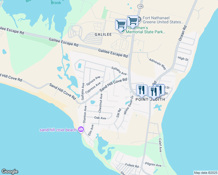map of restaurants, bars, coffee shops, grocery stores, and more near 46 Sand Hill Cove Road in Narragansett