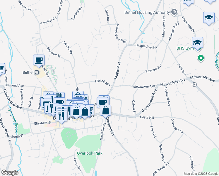 map of restaurants, bars, coffee shops, grocery stores, and more near 20 Maple Avenue in Bethel
