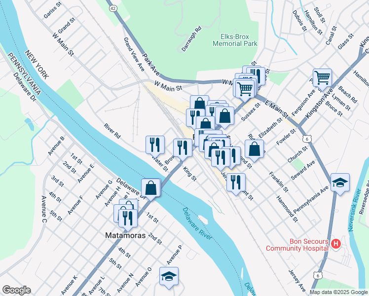 map of restaurants, bars, coffee shops, grocery stores, and more near 26 Brown Street in Port Jervis